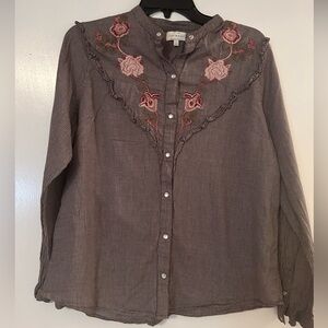 Lucky Brand long sleeve checked/embroidered button up, women’s side large